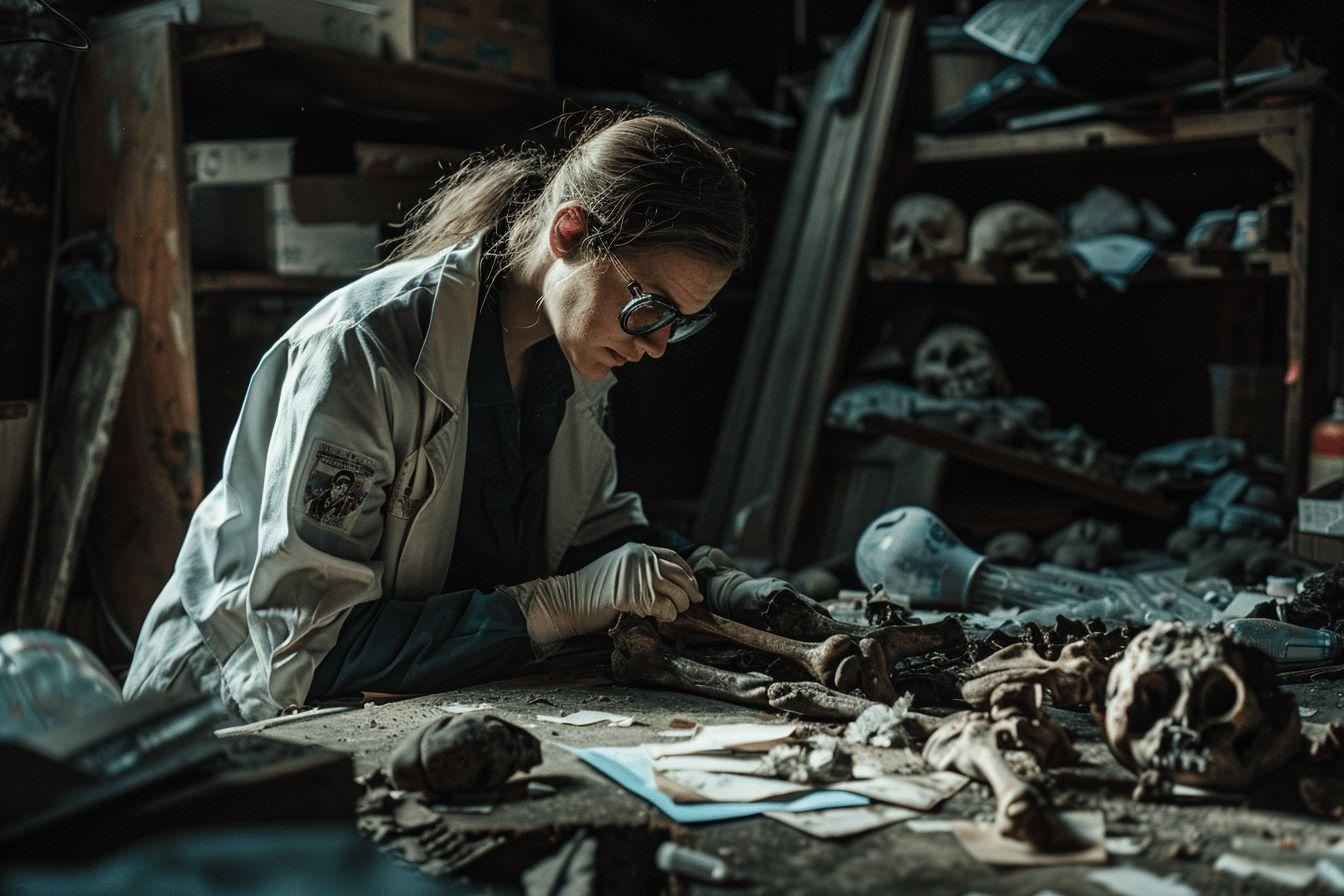 Une femme en blouse blanche examine attentivement des restes squelettiques.