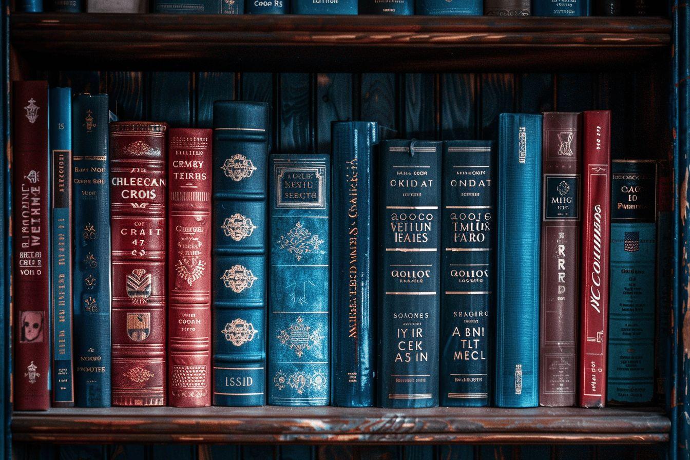 Étagère remplie de livres reliés de cuir couleurs sombres