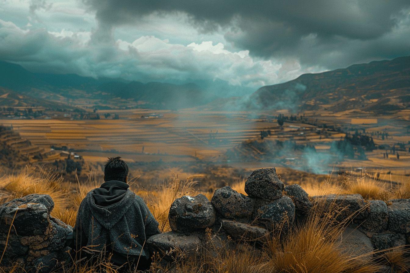 Vue panoramique sur les montagnes enneig&eacute;es des Andes avec une personne en contemplation.