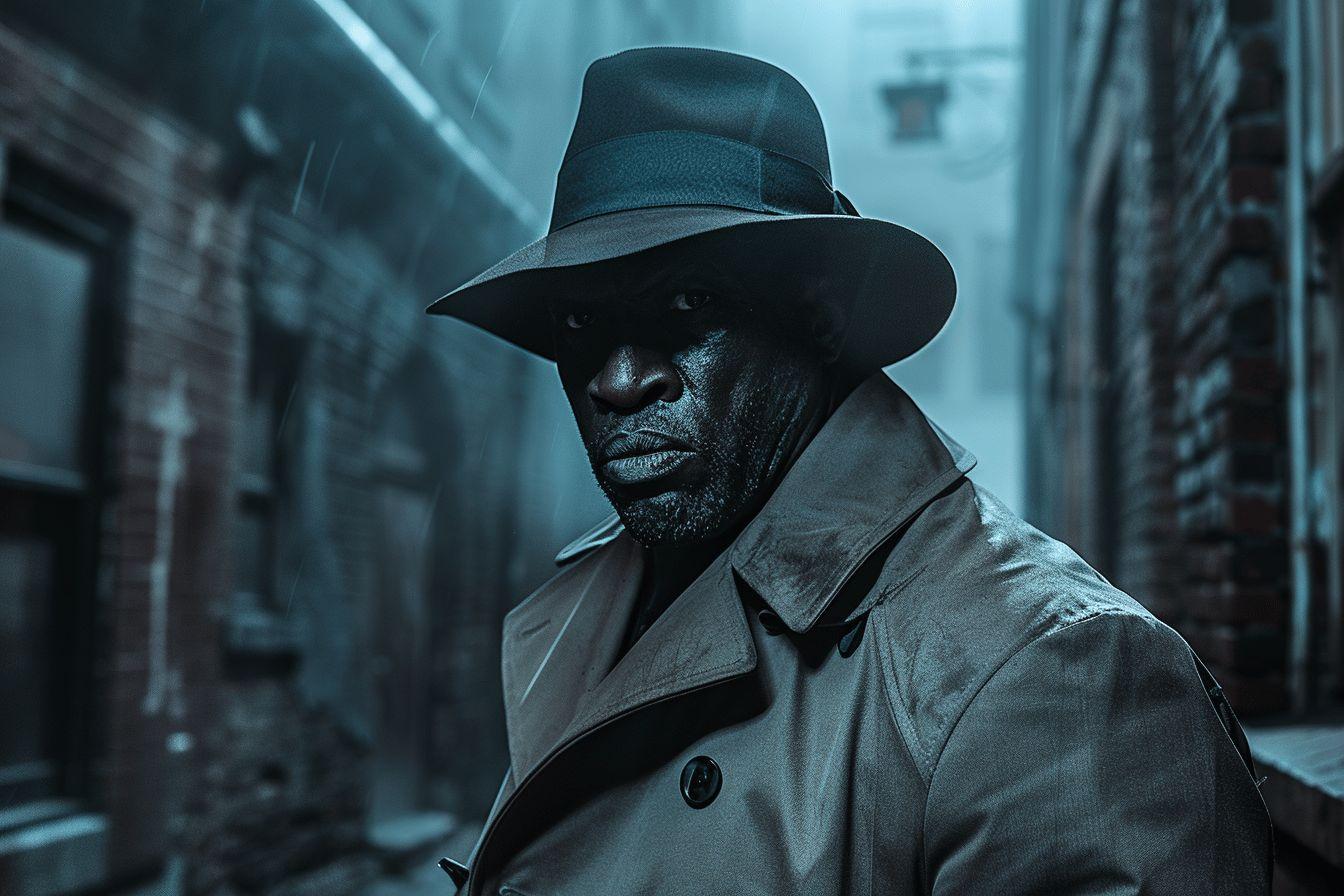 Homme en manteau et chapeau noir, au regard sombre et mystérieux