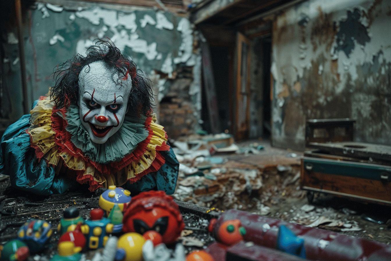 Un inquiétant clown décharné dans un environnement délabré et menaçant