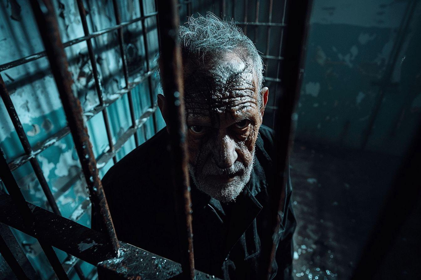 Gros plan sur le visage d'un homme âgé et barbu derrière des barreaux de prison.