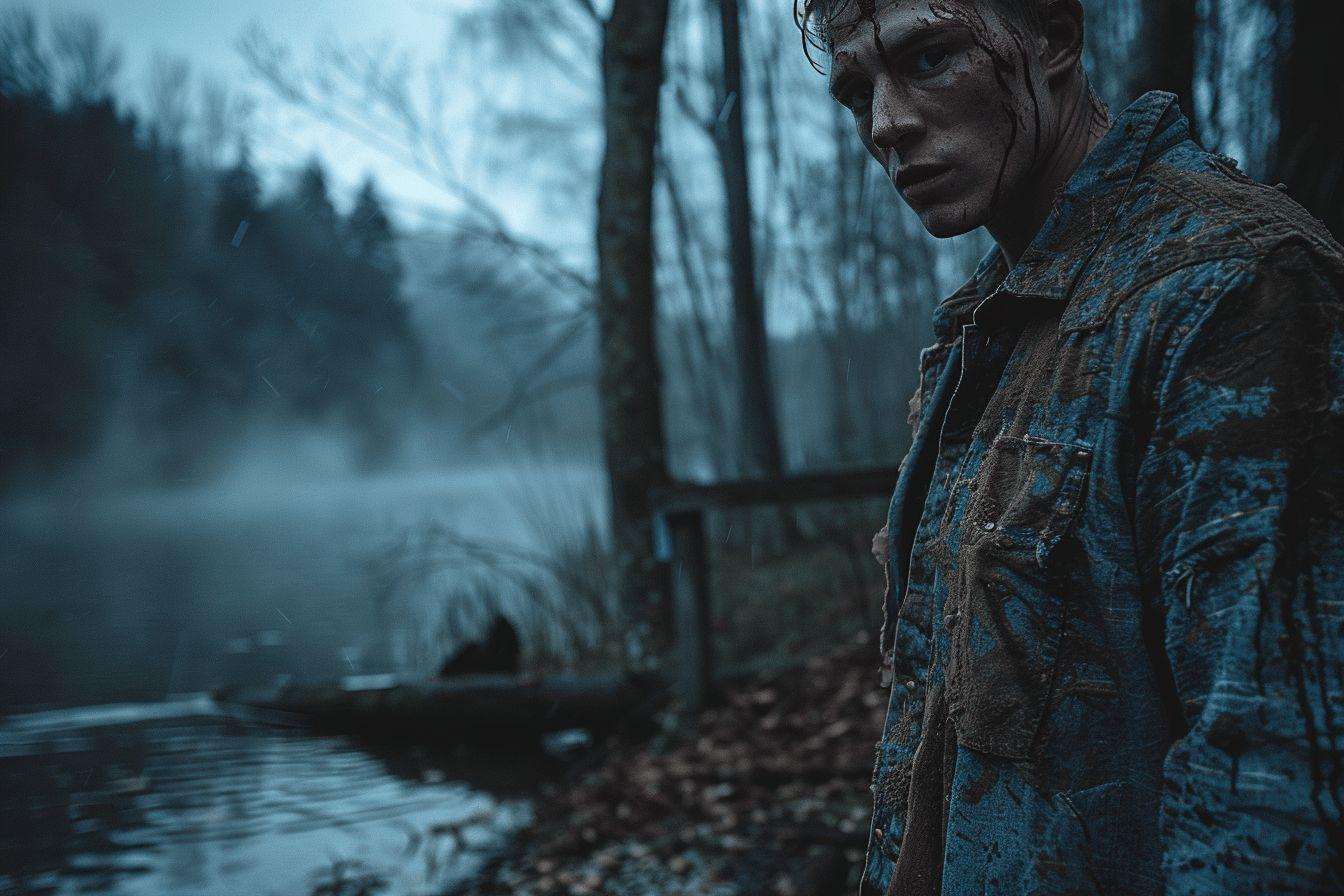 Homme pensif dans un environnement sombre et forestier