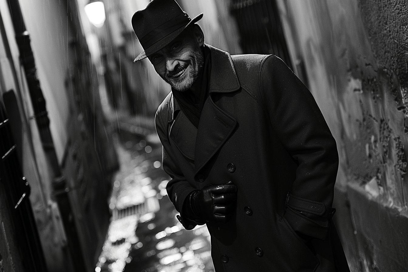 Portrait en noir et blanc d'un homme âgé dans un environnement sombre et mystérieux.