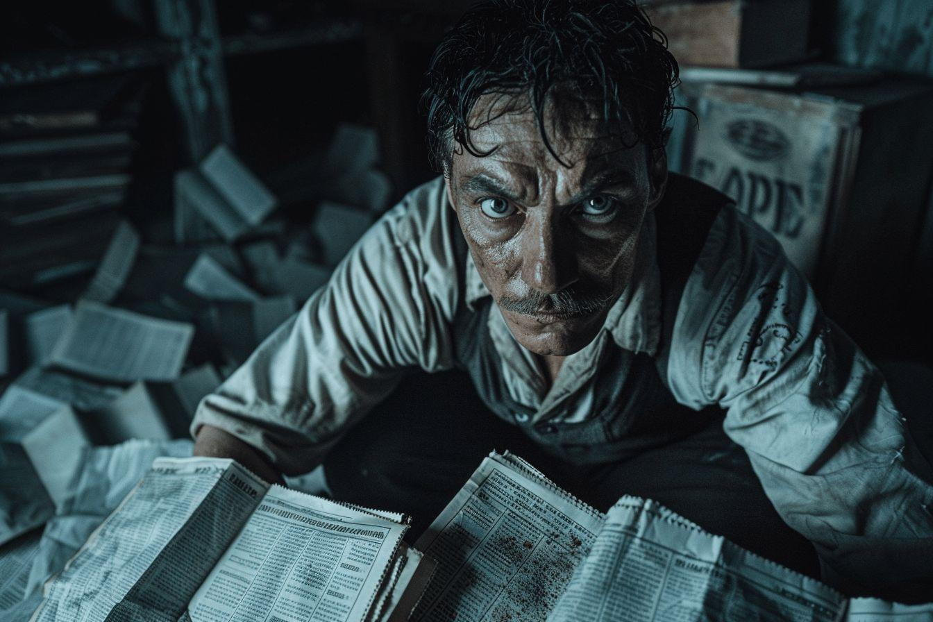 Un homme au visage sombre et préoccupé scrute attentivement des journaux.