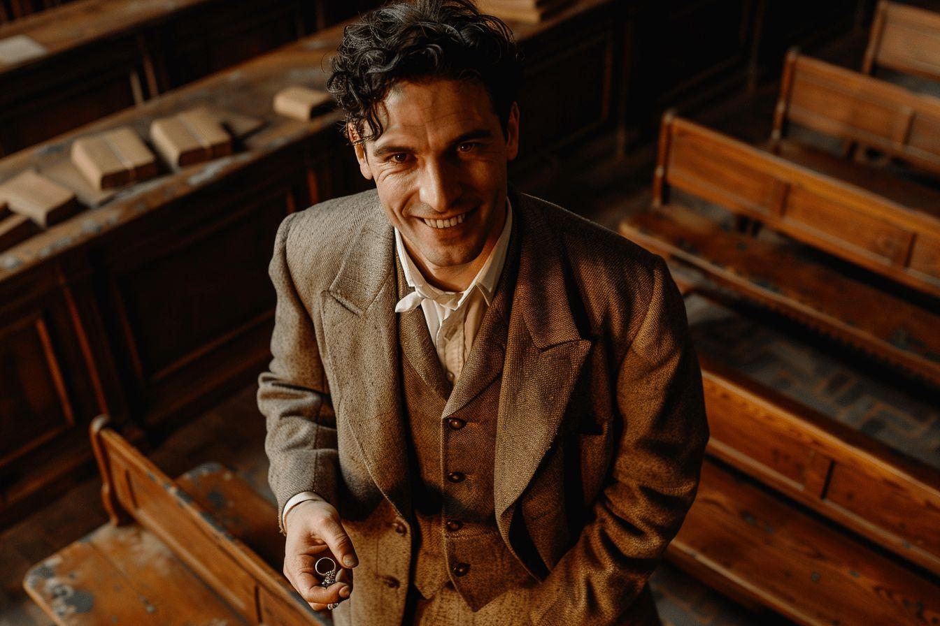 Homme brun aux cheveux bouclés, souriant et vêtu d'un costume ancien dans un atelier