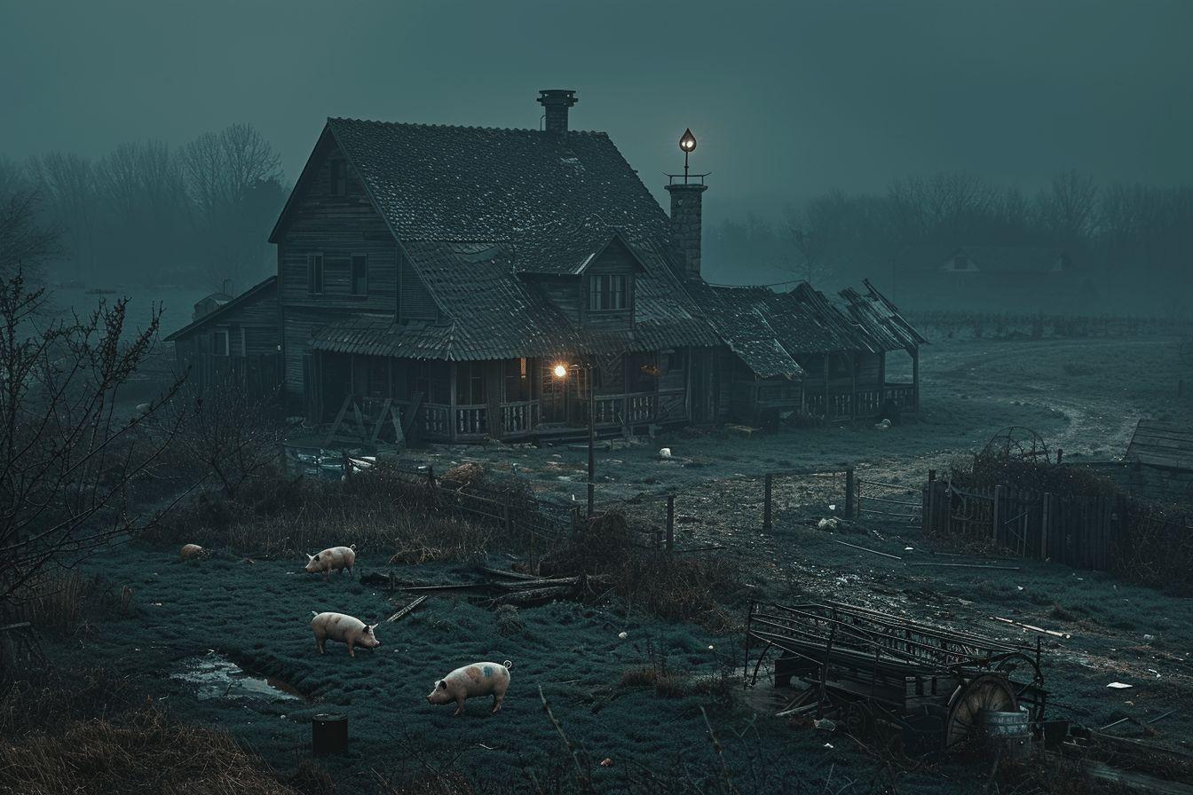 Vieille maison d&eacute;labr&eacute;e au clair de lune avec des porcs dans un champ boueux