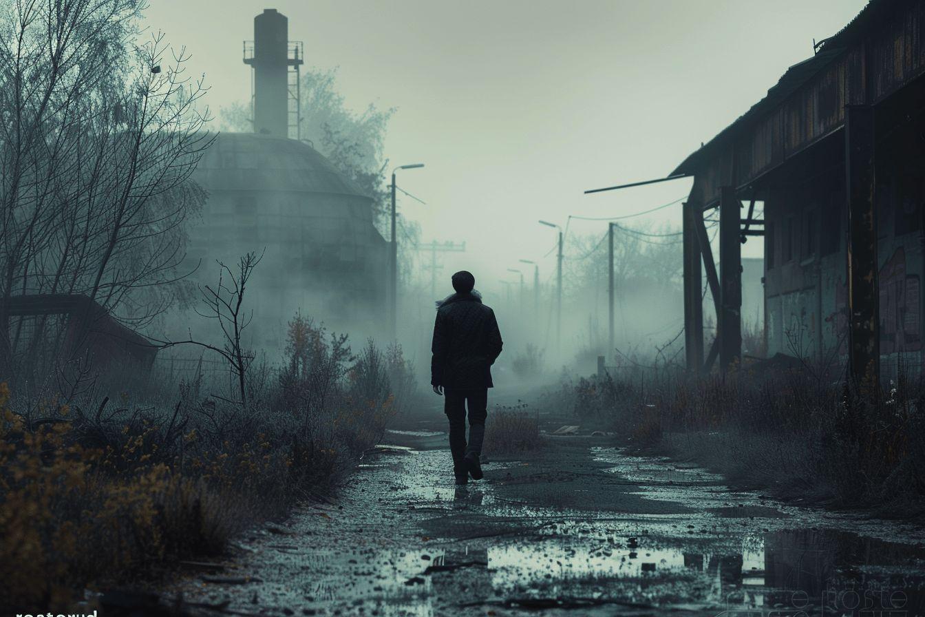 Silhouette d'une personne marchant dans une rue brumeuse et d&eacute;sol&eacute;e