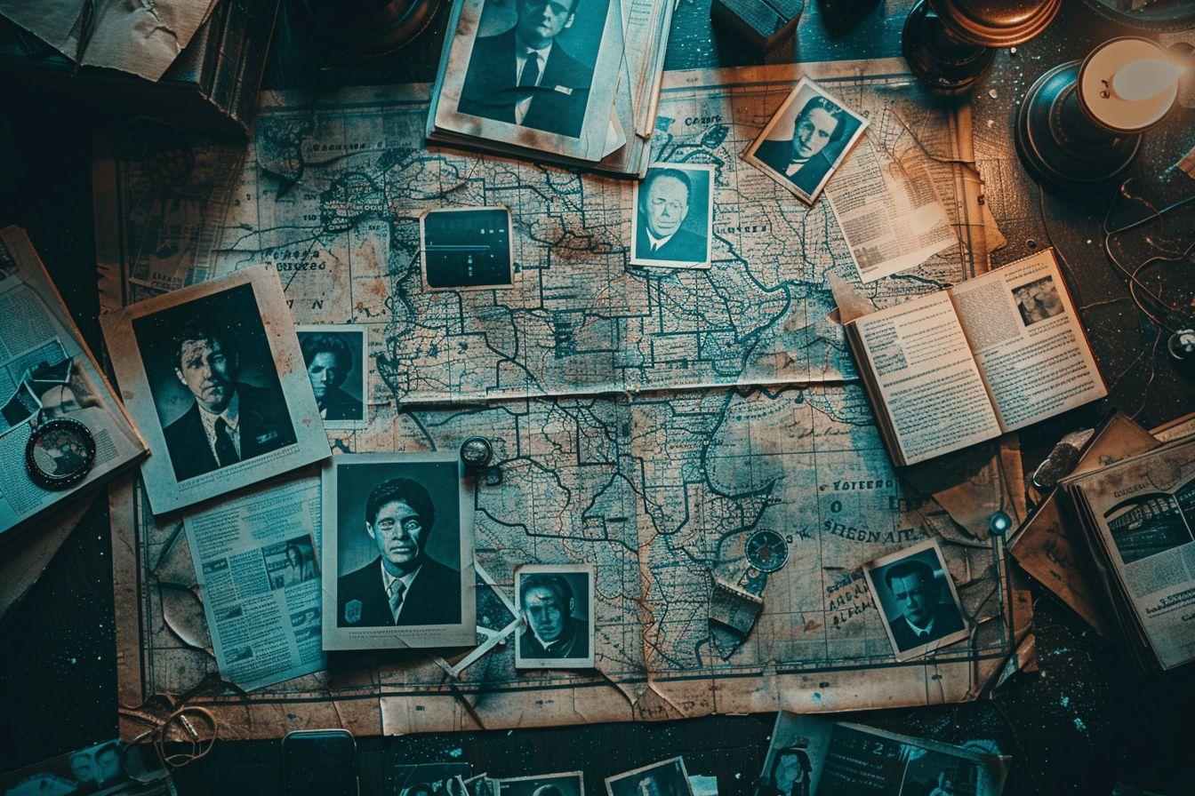 Une image vintage de cartes, de documents et de photos d'hommes énigmatiques