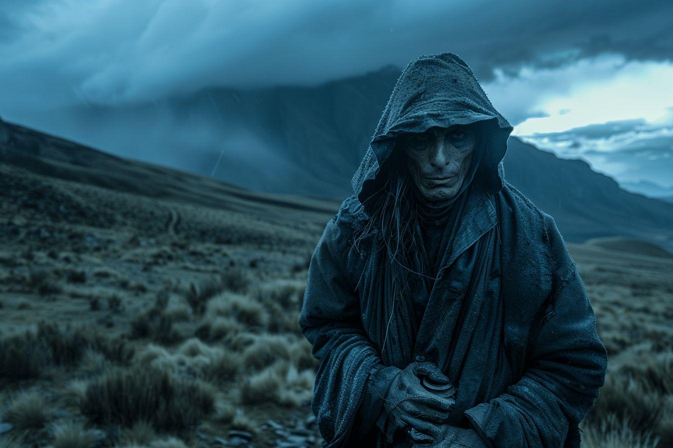 Personne enveloppée dans un manteau sombre marchant dans un paysage venteux et orageux