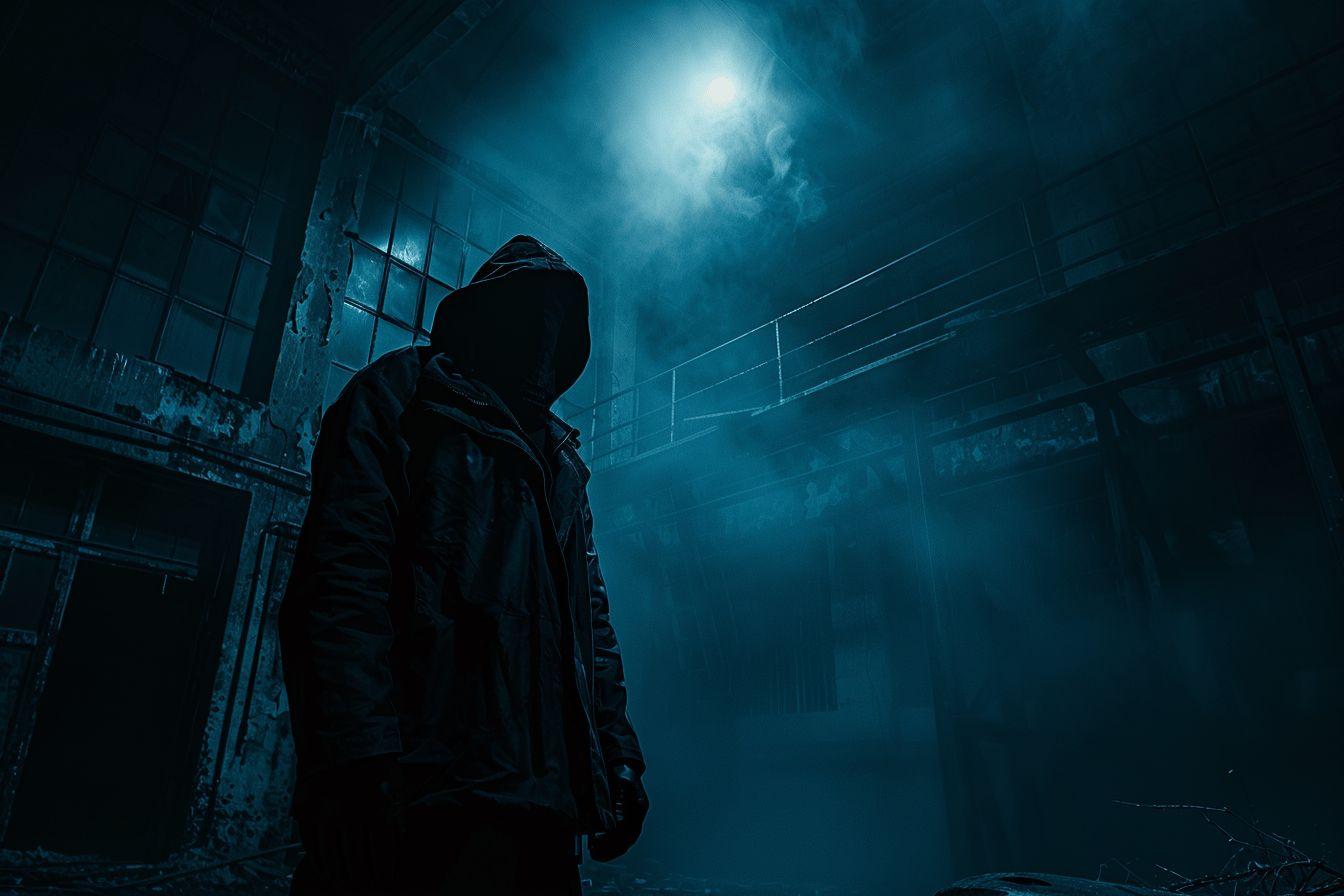 Silhouette furtive dans un environnement sombre et brumeux
