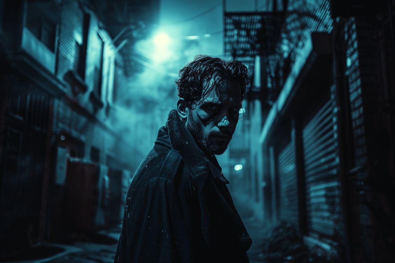 Homme solitaire observé dans une ruelle sombre et brumeuse