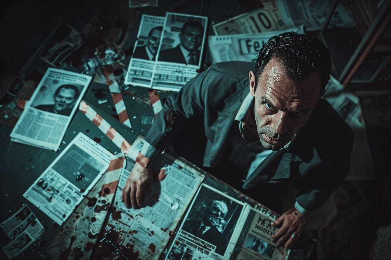 Homme pensif entouré de sombres coupures de presse, plongé dans ses souvenirs.