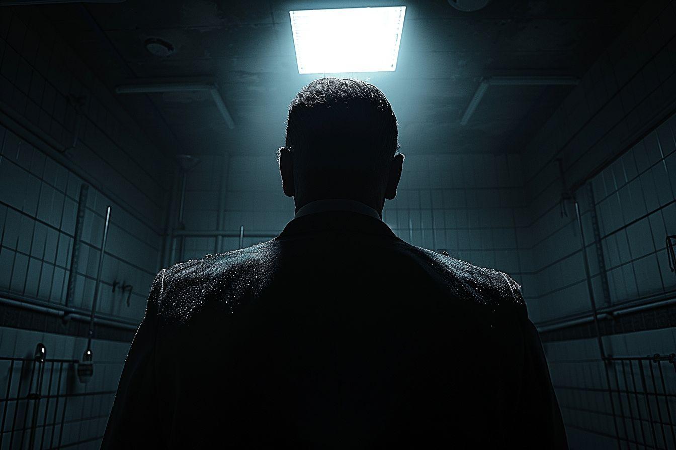 Silhouette d'un homme dans une sombre cellule, lumière menaçante au-dessus