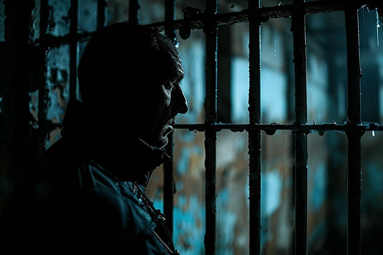 Une silhouette sombre et inquiétante se cache derrière une grille.