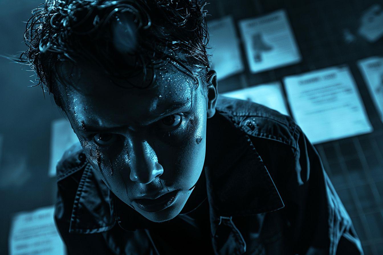 Visage sombre et troublé d'un individu dans un environnement sombre et morose