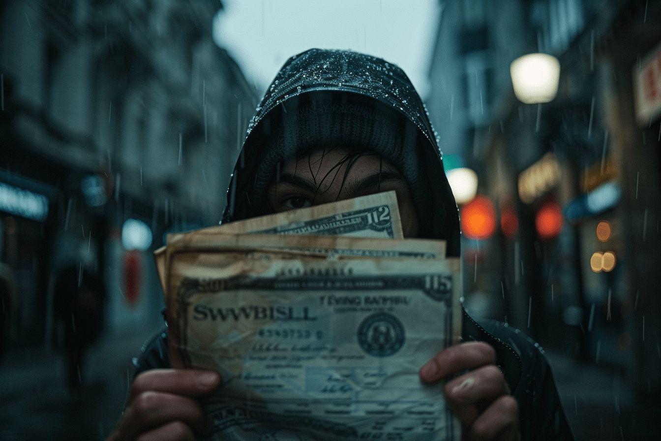Personne sans abri tenant des billets de banque sous la pluie