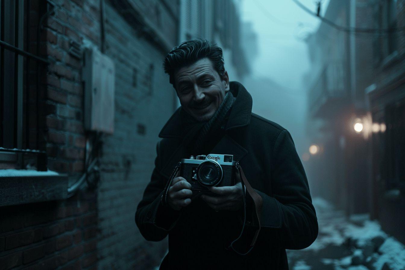 Un homme tenant un appareil photo en pleine rue, dans une ambiance sombre et brumeuse.