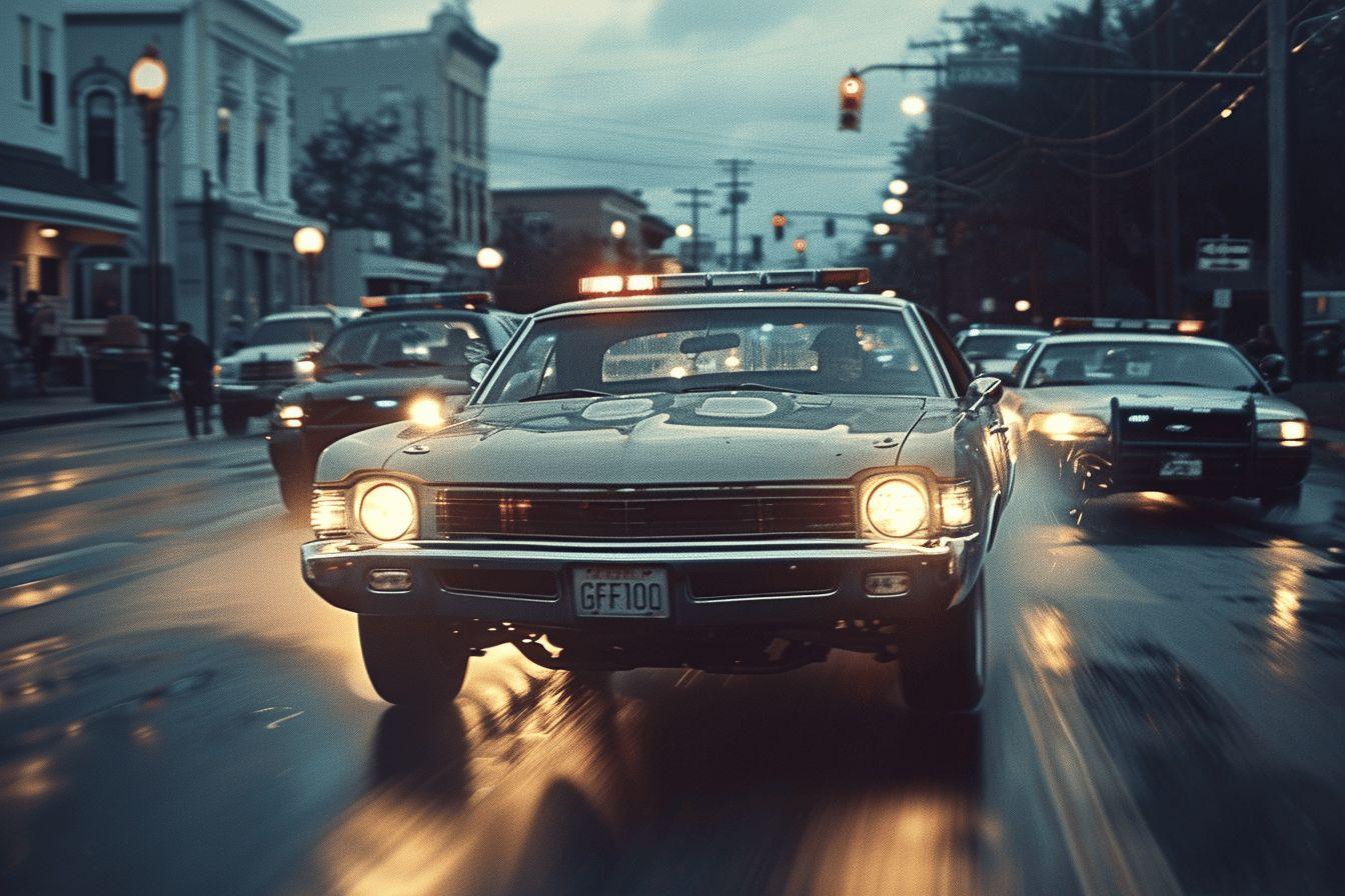 Voiture de police en mouvement dans les rues d'une ville la nuit