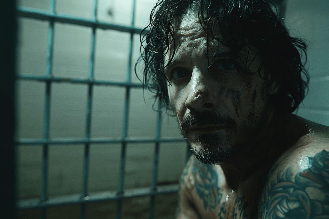 Un homme tatoué au regard sombre derrière des barreaux de prison