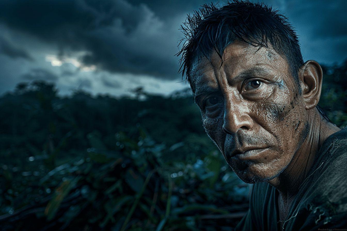 Gros plan du visage d'un homme dans un environnement naturel sombre