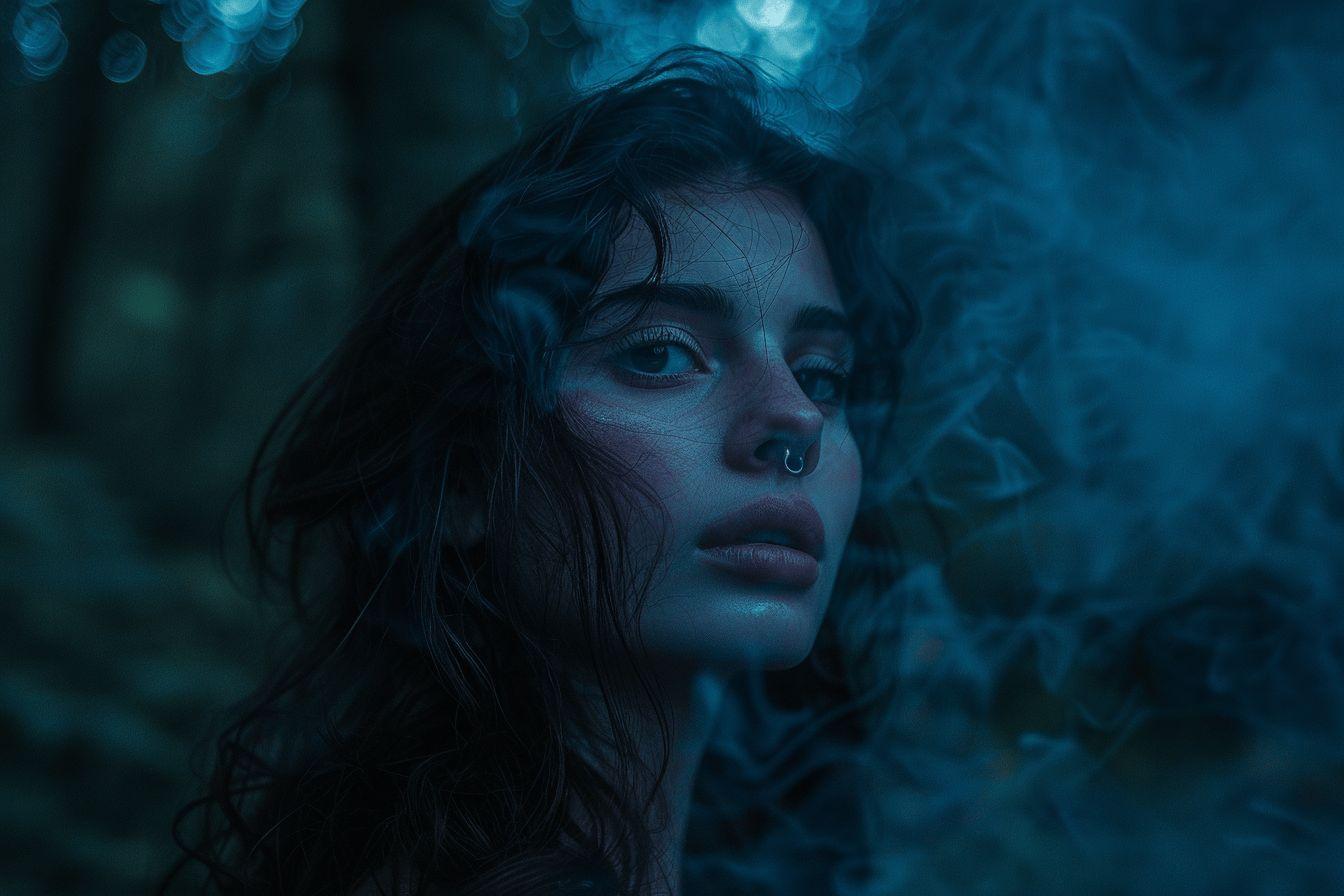 Portrait d'une jeune femme pensive entourée de brume bleue