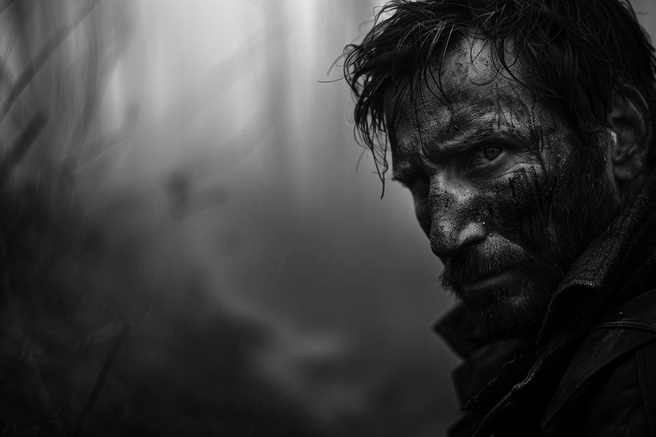 Gros plan sur le visage sombre et intense d'un homme