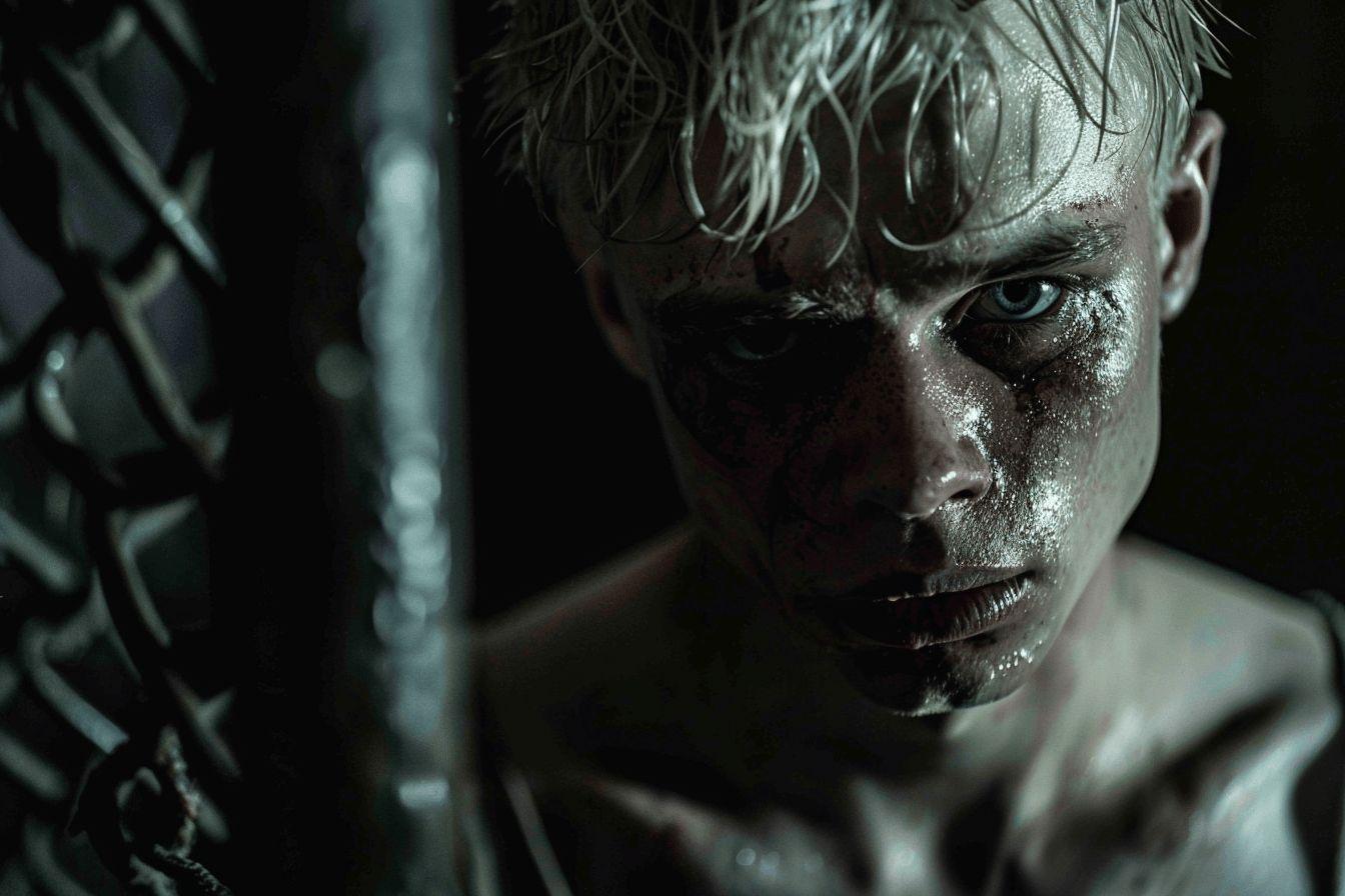 Gros plan sombre sur le visage d'un homme avec un regard intense