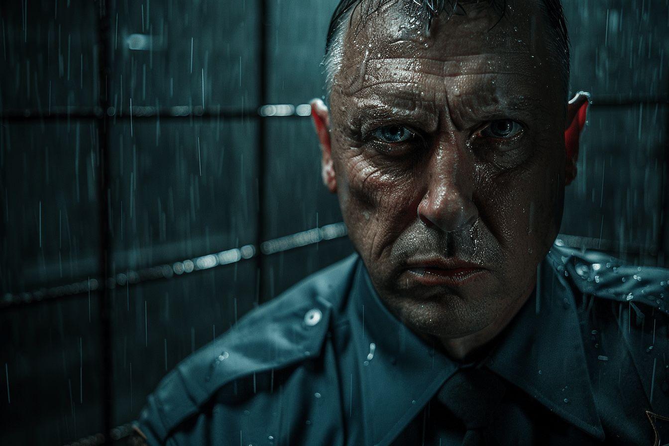 Gros plan sur un homme aux traits sérieux sous la pluie