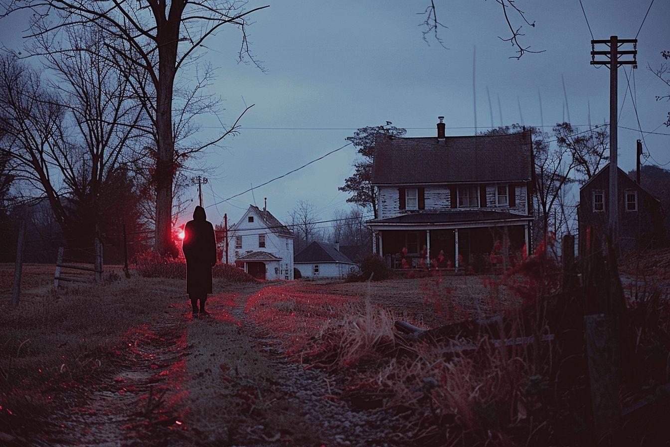 Maison de campagne au cr&eacute;puscule, homme solitaire marchant sur un chemin enneig&eacute;