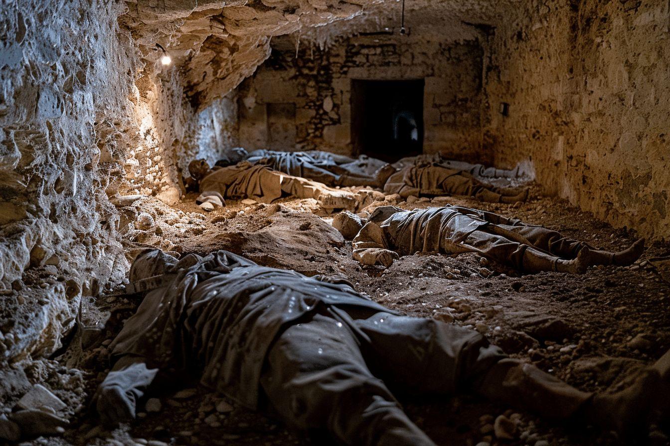 Sombre crypte souterraine remplie de corps emmaillotés dans des linceuls.