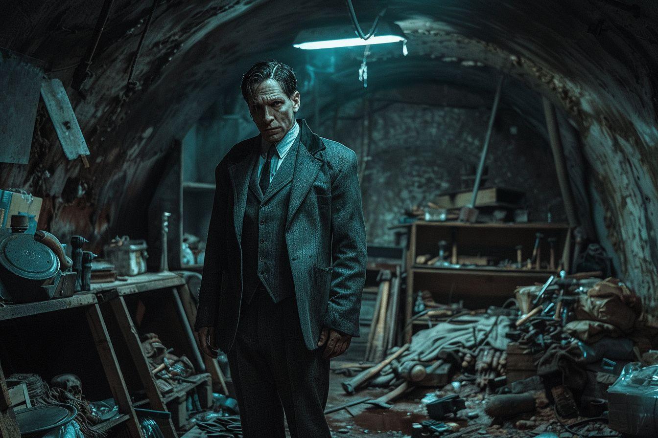 Homme en costume dans un lieu sombre et en ruine.