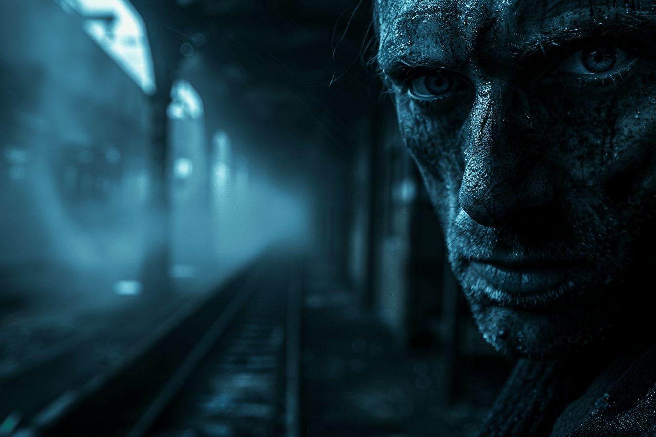 Gros plan d'un visage sombre et inquiétant dans l'obscurité