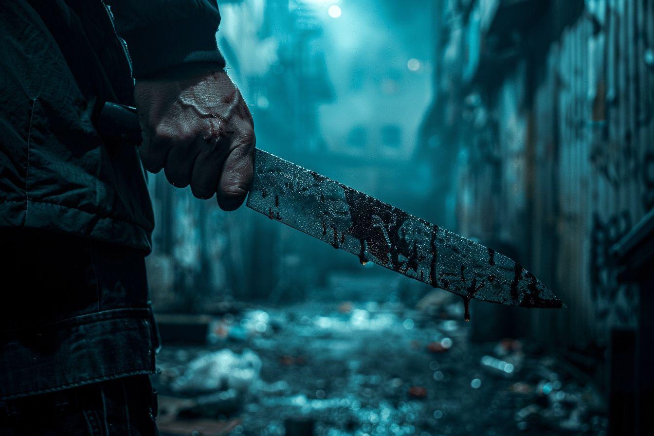 Gros plan sur une main tenant un couteau avec un arrière-plan bleu foncé et trouble