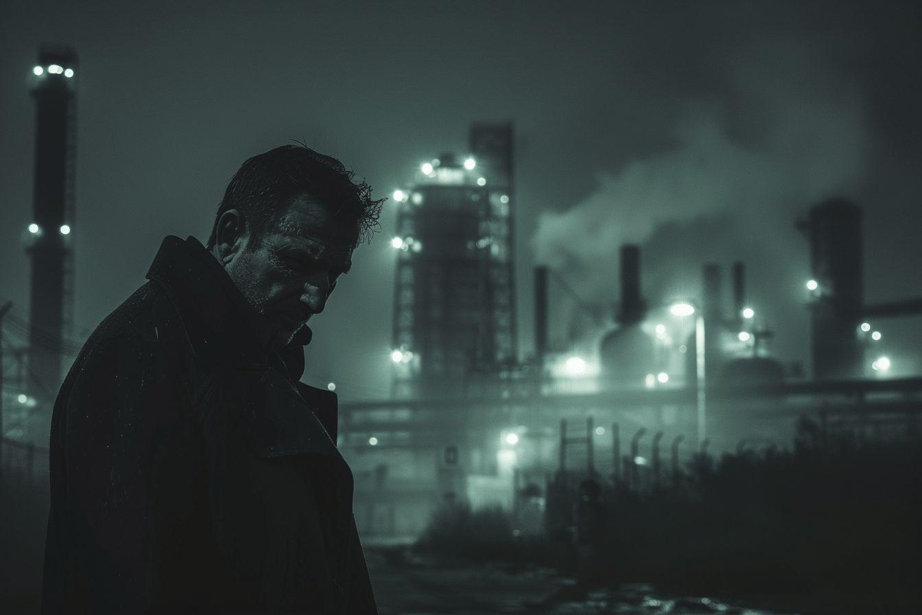 Silhouette dans une ville industrielle sombre et mystérieuse