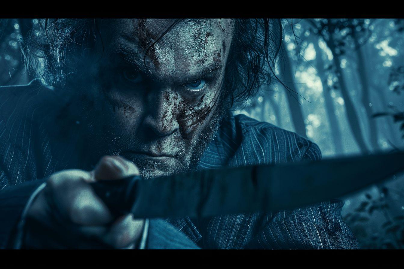 Gros plan d'un homme avec un visage sombre et des yeux bleus perçants