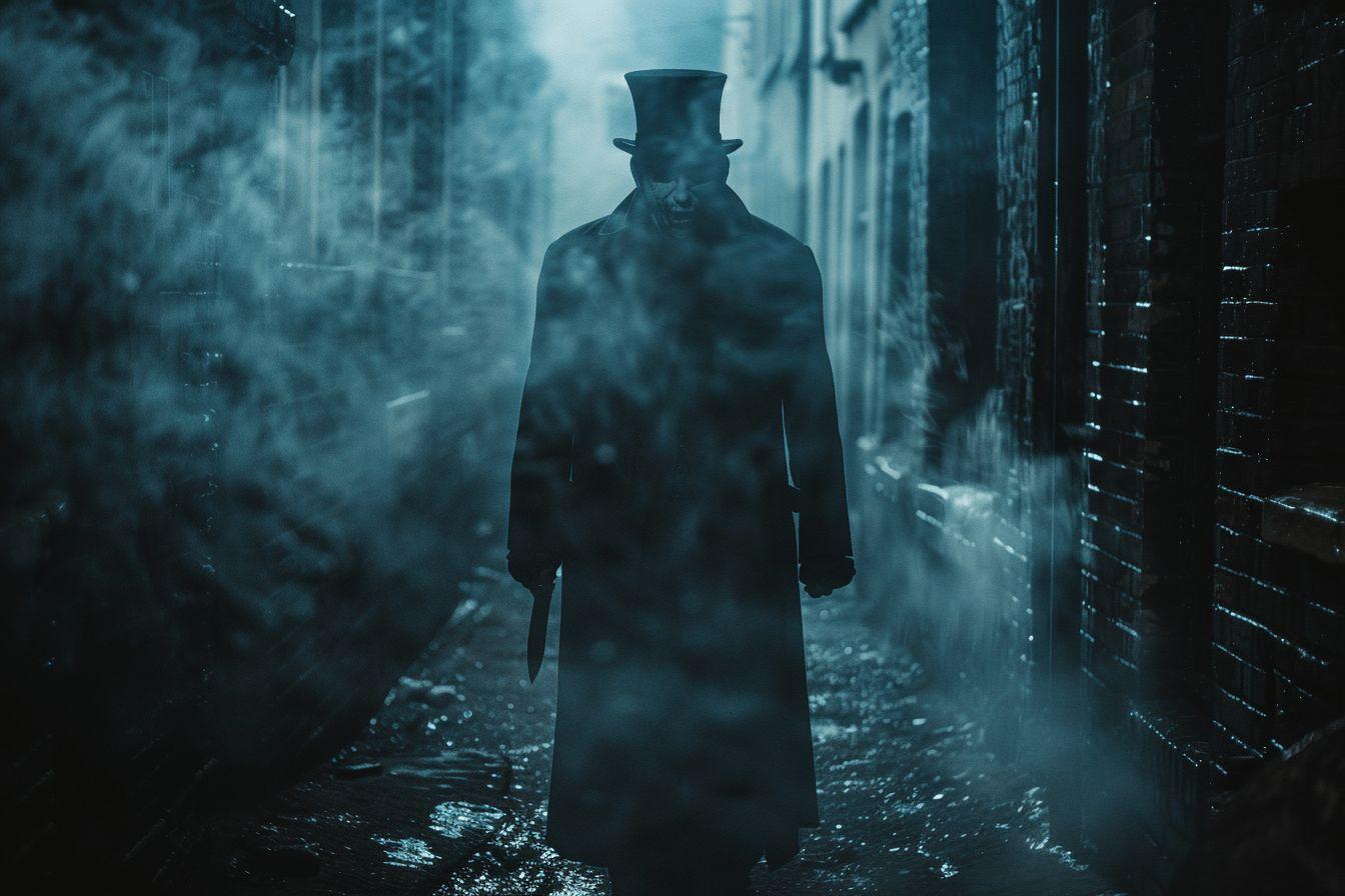 Une personne en manteau sombre et chapeau haut de forme marchant dans une ruelle brumeuse