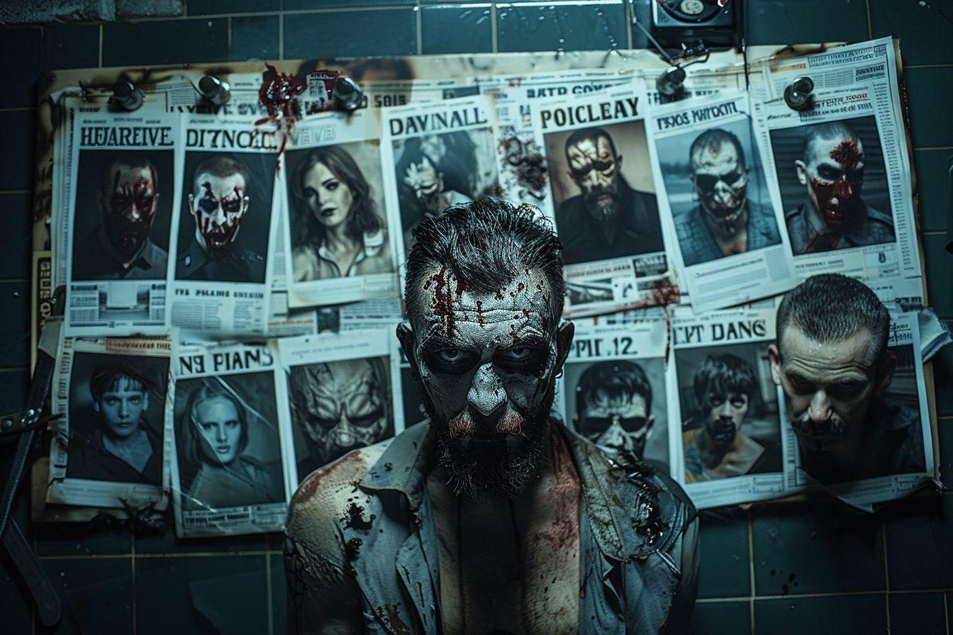 Homme déformé et ensanglanté entouré d'affiches de films d'horreur