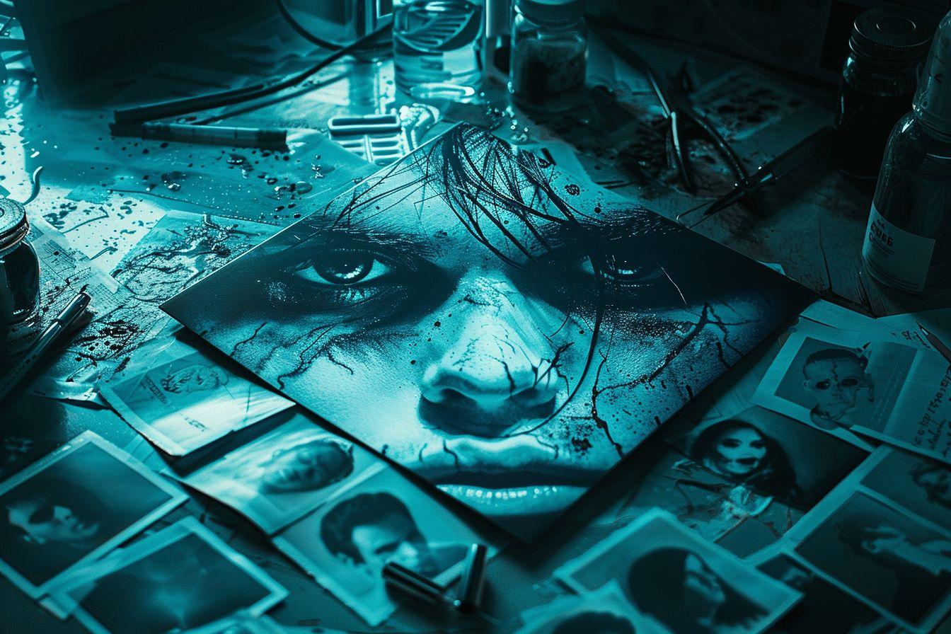 Image sombre et inquiétante montrant un visage expressif et décomposé