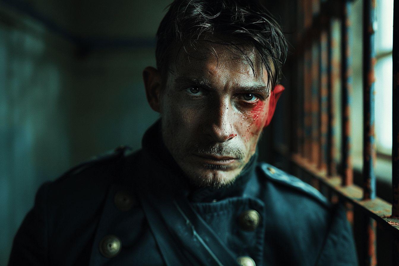Gros plan sur un homme au regard sombre et blessé, dans un environnement sombre
