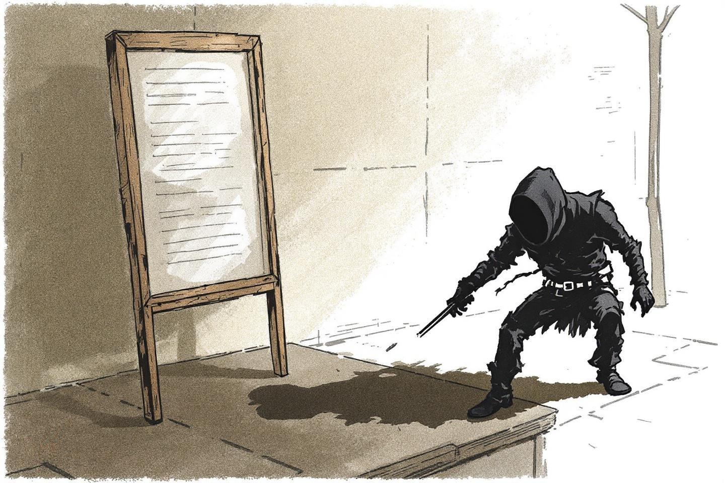 Figure encapuchonn&eacute;e avec &eacute;p&eacute;es pr&egrave;s d'un tableau blanc vide