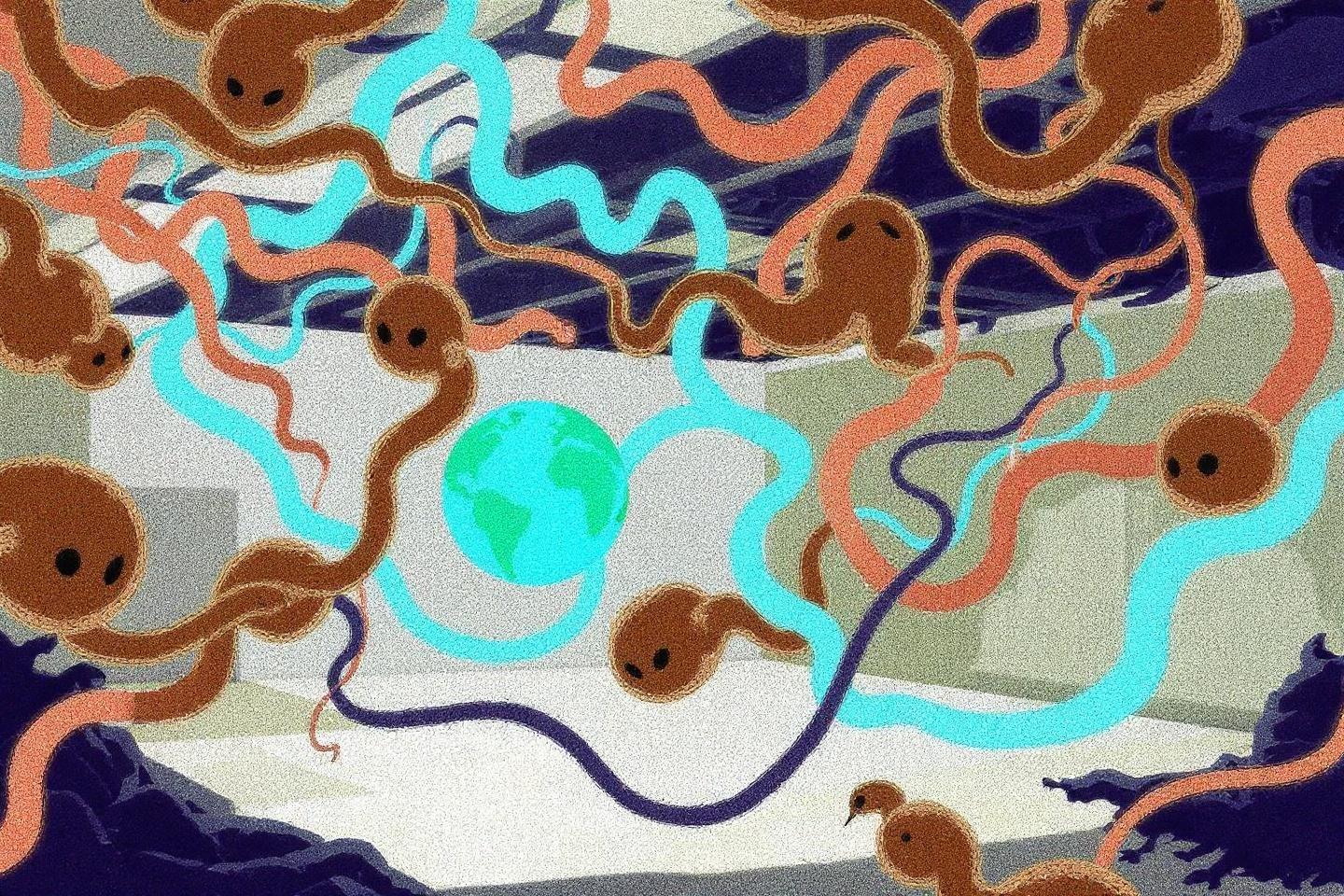 Tentacules bruns et bleus entourant une plan&egrave;te bleue-verte