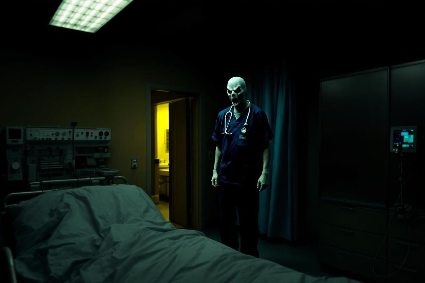 Figure effrayante en tenue m&eacute;dicale dans une chambre sombre &agrave; l'h&ocirc;pital