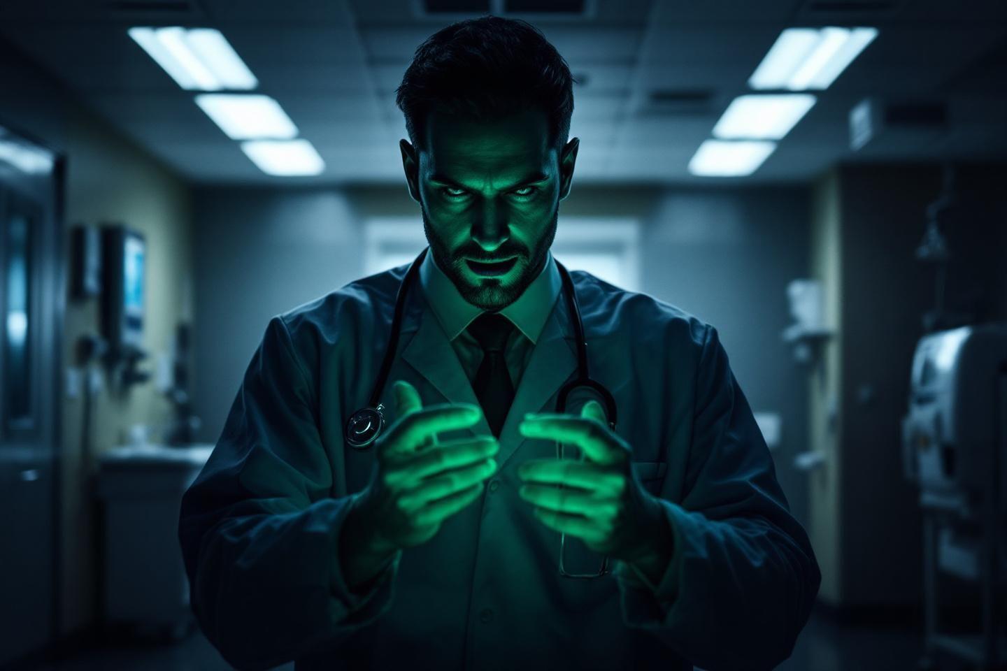 Praticien m&eacute;dical aux mains brillantes vertes dans un environnement sombre