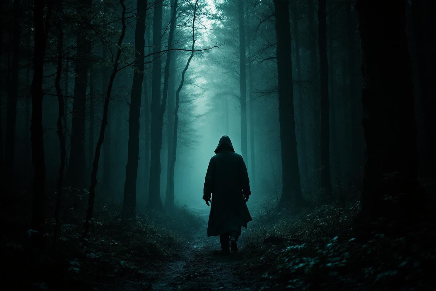 Silhouette encapuchonn&eacute;e marchant dans une for&ecirc;t myst&eacute;rieuse et sombre