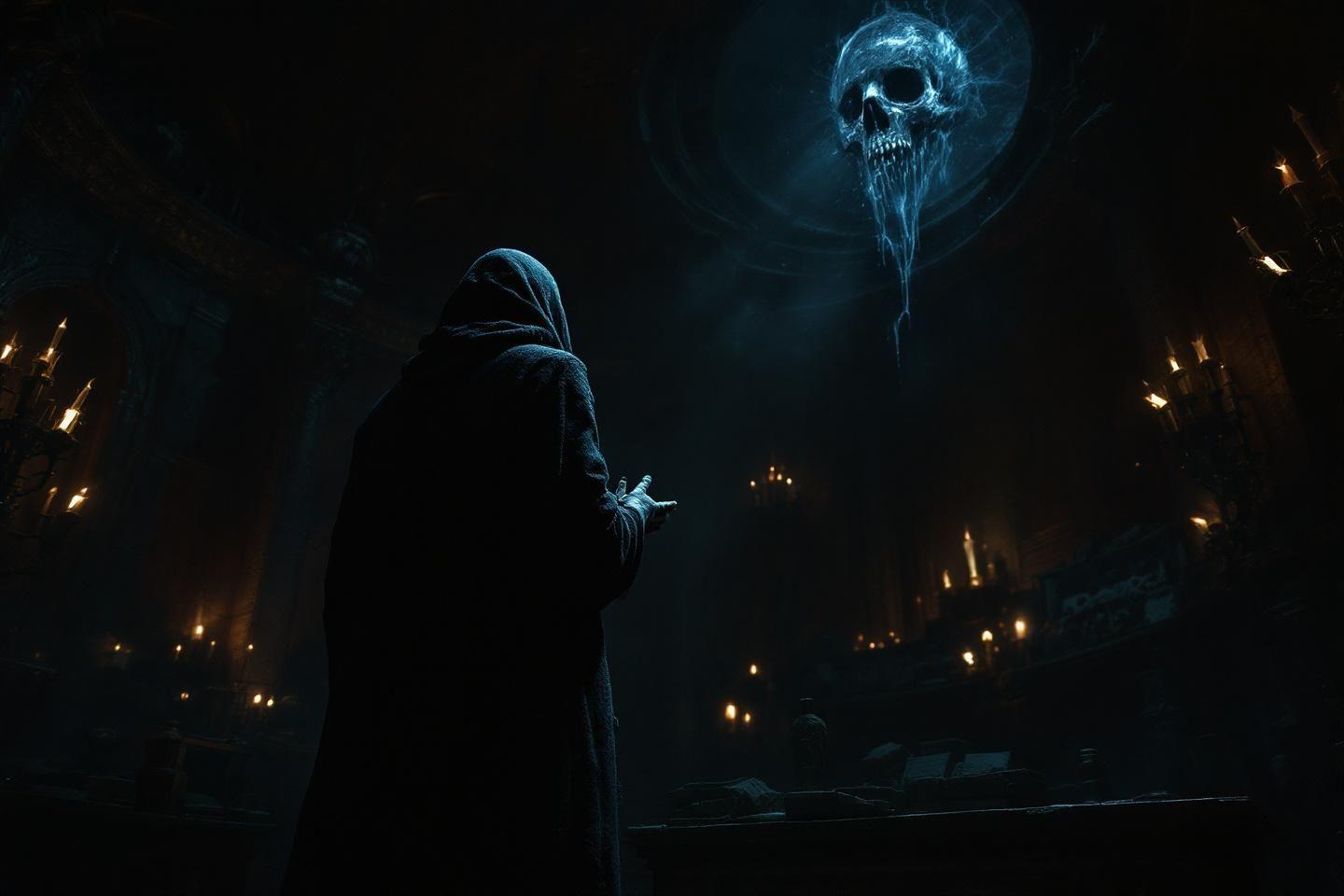 Silhouette encapuchonn&eacute;e face &agrave; un cr&acirc;ne spectral flottant