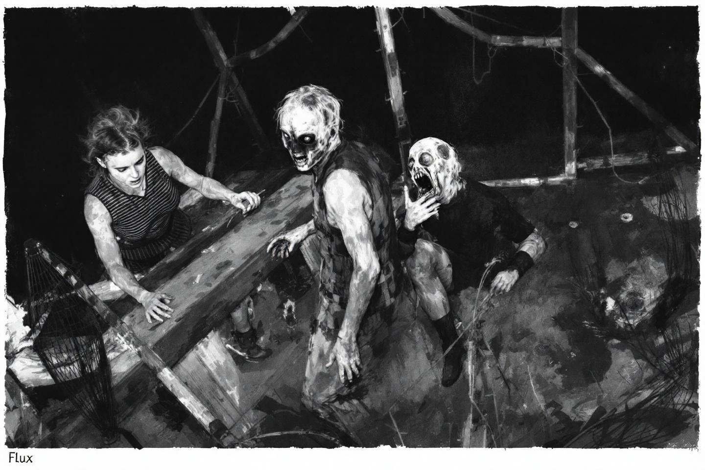 Trois cr&eacute;atures squelettiques transportant ensemble un long madrier